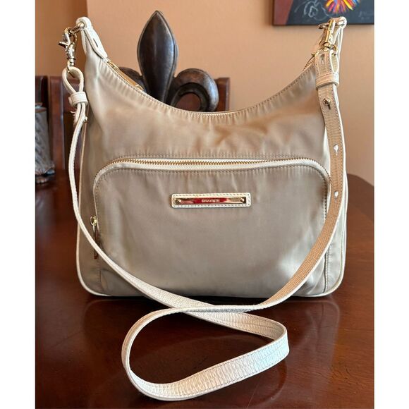 BRAHMIN - EUC Nylon & Croc-Embossed Leather Crossbody Bag in Tan & Cream - Picture 1 of 16
